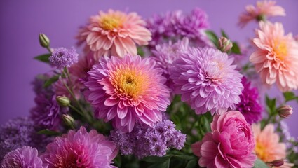 Obraz premium bouquet of pastel spring flowers on purple background, Beautiful bouquet, vibrant color, orange, wedding, minimal, Attractive bouquet