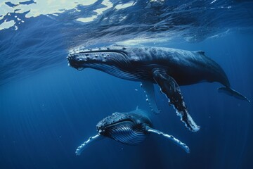 Two Humpback Whales Gracefully Swimming Through the Ocean Depths - obrazy, fototapety, plakaty