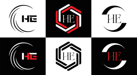 HE logo. H E design. White HE letter. HE, H E letter logo SET design. Initial letter EE linked circle uppercase monogram logo. H E letter logo SET vector design. HE letter logo design	
