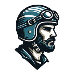 Vintage label man in a helmet design vector illustration for t-shirt print, poster, emblem. Motorcycle biker logo badge template isolated on white background
