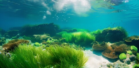 Fototapeta na wymiar Green seaweed with fish, natural underwater seascape in the ocean