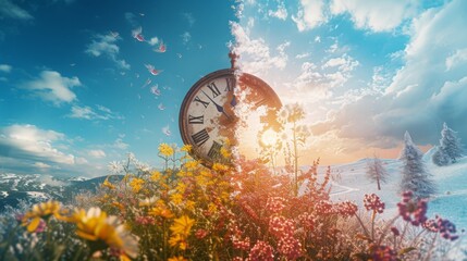 Clock as a border between summer and winter. - obrazy, fototapety, plakaty
