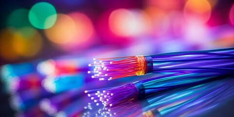 Fiber optics network cable on neon color attractive  technology background