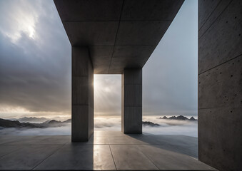 cement structure with two pillars stands in front of a fog-filled valley. The sky is filled with dark clouds, but the sun is peeking through in the center