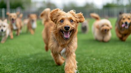 Happy dogs running around and having fun at doggy day care.