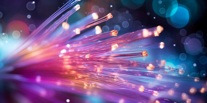 Fiber optics network cable on neon color attractive  technology background