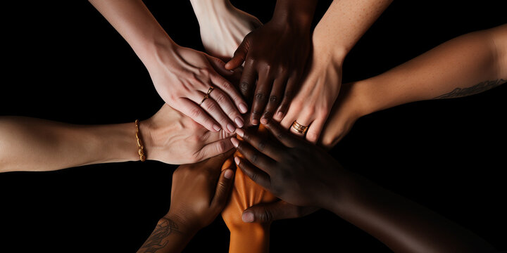 Hands together, team and support, solidarity and business people with top view, stack and community. Synergy, cooperation and huddle, collaboration and corporate group with trust, meeting and mission,