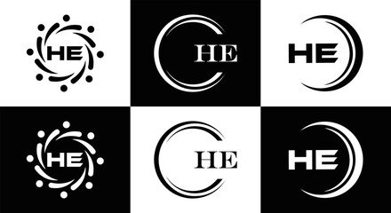 HE logo. H E design. White HE letter. HE, H E letter logo SET design. Initial letter EE linked circle uppercase monogram logo. H E letter logo SET vector design. HE letter logo design	

