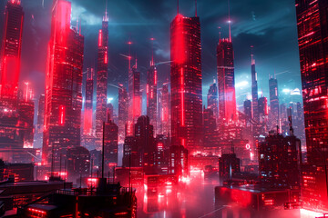 future city. futuristic city with neon lights and tall buildings. smart, technological city