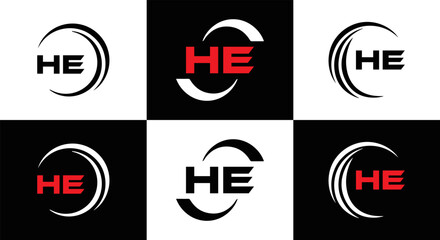 HE logo. H E design. White HE letter. HE, H E letter logo SET design. Initial letter EE linked circle uppercase monogram logo. H E letter logo SET vector design. HE letter logo design	
