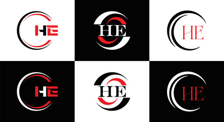 HE logo. H E design. White HE letter. HE, H E letter logo SET design. Initial letter EE linked circle uppercase monogram logo. H E letter logo SET vector design. HE letter logo design	
