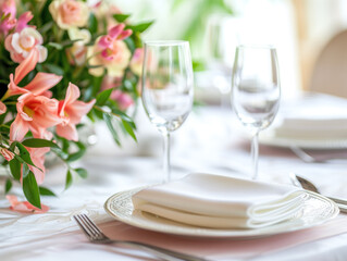 Beautiful table setting with floral decor on a light background, providing plenty of room for text. - Powered by Adobe