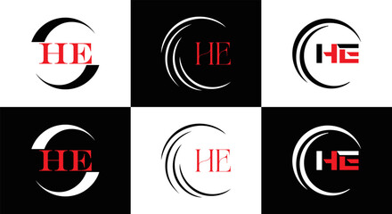 HE logo. H E design. White HE letter. HE, H E letter logo SET design. Initial letter EE linked circle uppercase monogram logo. H E letter logo SET vector design. HE letter logo design	
