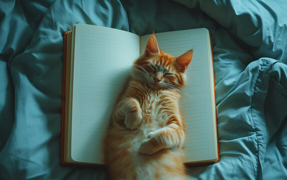 maquete em branco do di&aacute;rio de capa dura fechado, deitado na cama, um gato est&aacute; dormindo ao lado dele, vista de cima para baixo