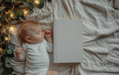 maquete em branco do diário de capa dura fechado, deitado na cama, um bebê está dormindo ao lado dele, vista de cima para baixo - obrazy, fototapety, plakaty