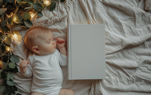 maquete em branco do di&aacute;rio de capa dura fechado, deitado na cama, um beb&ecirc; est&aacute; dormindo ao lado dele, vista de cima para baixo