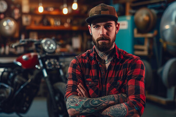 Fototapeta na wymiar Cap-Wearing Mechanic in Motorcycle Haven