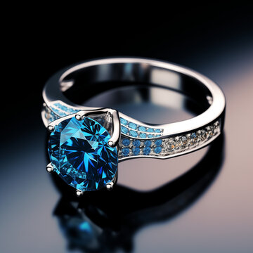 white gold ring with crystals and Blue saphire gem in the middle