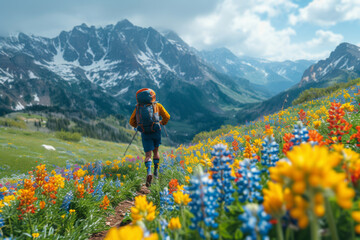A shot of a trail runner racing through a mountainous terrain, surrounded by vibrant wildflowers, showcasing the synergy between human athleticism and the beauty of nature.  Generative Ai.