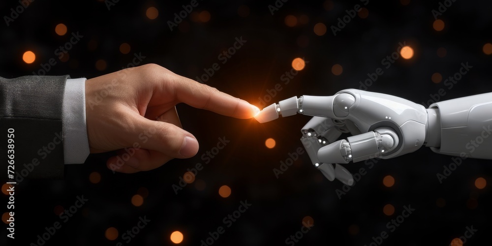 Poster Human finger touching robotic hand symbolizing innovation, technology, and human-robot connection, Generative AI