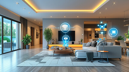 Living room with connected and internet of things devices throughout. Indicated by blue icons.