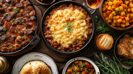 Pots of meat casserole with soft melty cheese, top down view.