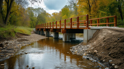 Fototapeta premium Newly reconstructed pedestrian bridge over a small creek in the country.