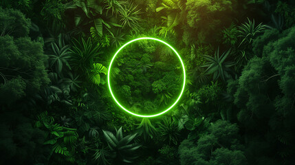 neon green circle in the middle of the forest, illuminating the dense forest, emphasizing the lush greenery and intricate leaf patterns