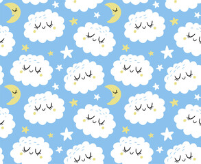 Cute seamless pattern with clouds and stars - 726639341