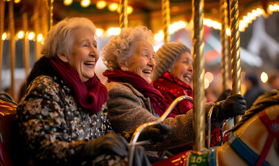 Obraz na płótnie Canvas Elderly senior couple traveling at an amusement park, roller coaster Vikings joyful, Elderly society