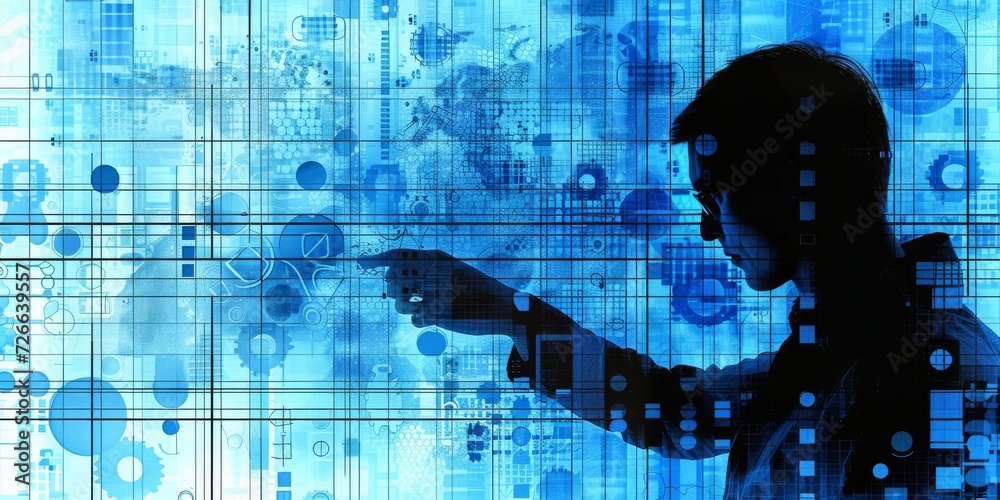 Aufkleber Human Interaction with Advanced Cybernetic Interface: Merging the Boundaries Between Technology and User, Generative AI
