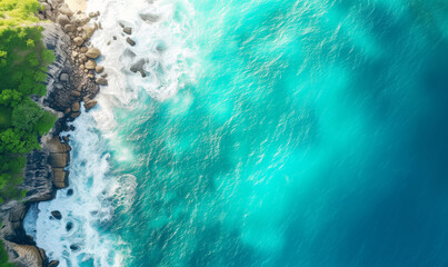 Aerial top view amazing beach with perfect nature, green forest peaceful and rock around island