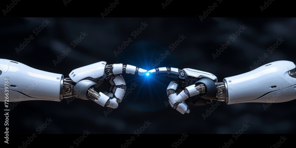 Poster Human finger touching robotic hand symbolizing innovation, technology, and human-robot connection, Generative AI