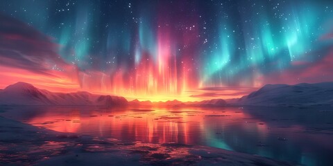 Breathtaking aurora borealis over tranquil snowy mountainscape. spectacular nature. ideal for wallpaper and background usage. AI