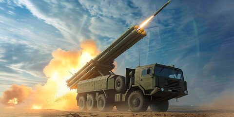 military artillery missile system launches rockets - obrazy, fototapety, plakaty