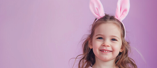 Obraz na płótnie Canvas portrait of a happy girl with bunny ears on purple background