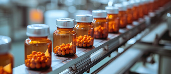 Medicine tablets are bottled on a conveyor belt of a pharmaceutical factory production line. - obrazy, fototapety, plakaty