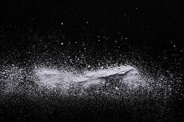 Black Background With White Crushed Chalk. White Powder Lying on a Black Cardboard. A Line Made of...