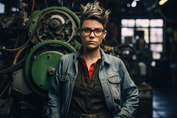 Obraz premium genderqueer individual stands confidently in an industrial workspace, their expression reflecting the pride and precision of their craft