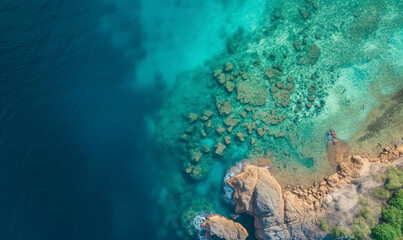 Aerial top view amazing beach with perfect nature, green forest peaceful and rock around island