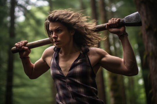 genderqueer individual wields an axe with fierce determination in the forest, showcasing the raw strength and intensity of labor in nature