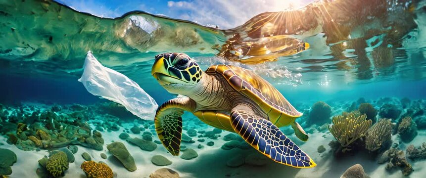 Sea Turtle Encounters Plastic Bag in Oceanic Waters