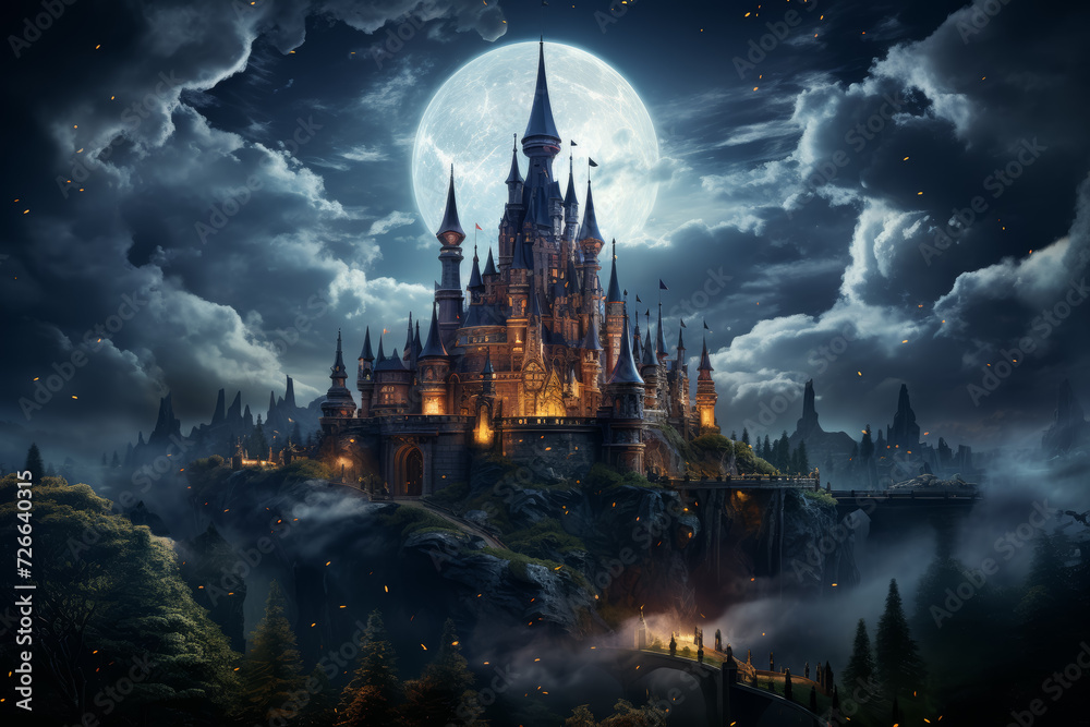 Wall mural an image of an enchanted castle atop a floating island, surrounded by swirling clouds and mystical l