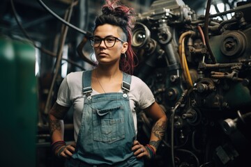 Obraz na płótnie Canvas In an industrial setting, a genderqueer mechanic stands with hands on hips, surrounded by the complex machinery they master