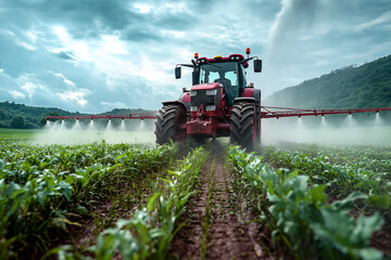 Fototapeta premium A tractor sprayer sprays the field with fertilizers