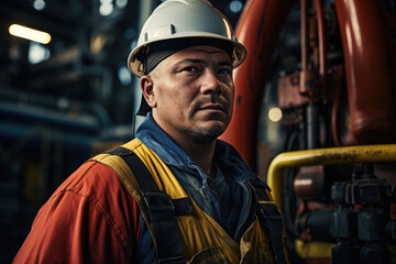 seasoned worker stands with a vigilant gaze in an industrial setting, surrounded by the machinery and tools of his trade