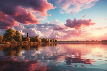 Foto op Plexiglas Reflectie A photograph capturing a serene lake where water turns into liquid crystal, reflecting a sky filled with fluffy, pastel-colored clouds. Concept of reflective pastel waters. Generative Ai.