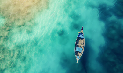 Boat on the water surface from top view, turquoise blue water background from top view, summer...