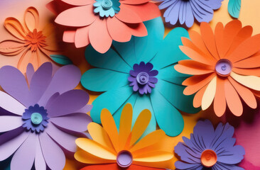 Paper flowers of different colors, close-up. Flower background.