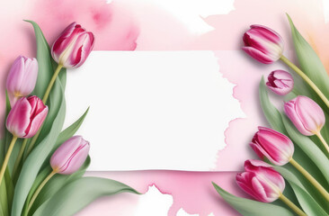 Bouquet of pink tulips on a white background. Place for your text.